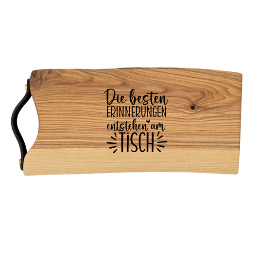 Personalisiertes Schneidebrett Esche geölt - Motiv "Küche" mit Ledergriff und Wunschgravur
