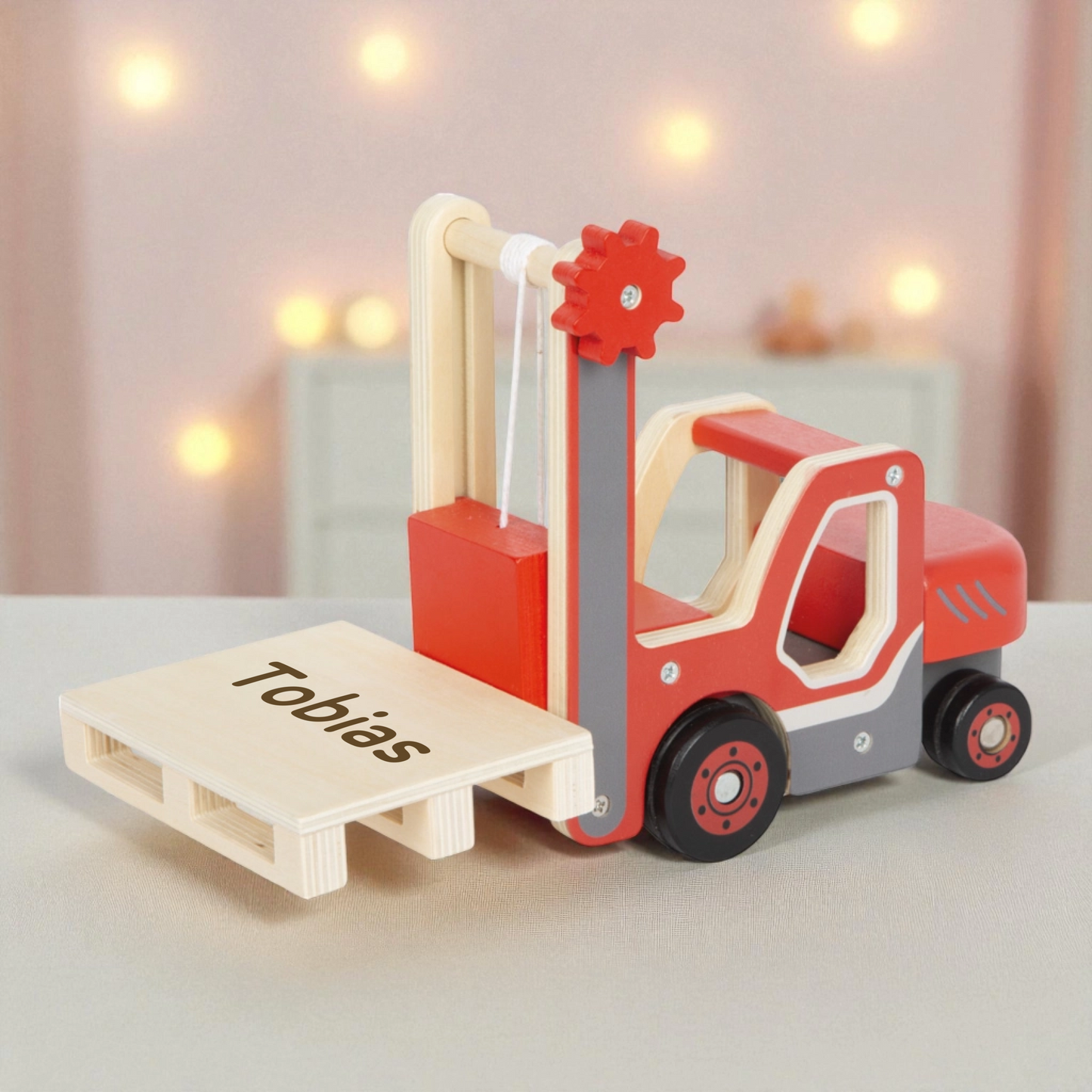 SMALL FOOT Gabelstapler mit Palette und Wunschnamen