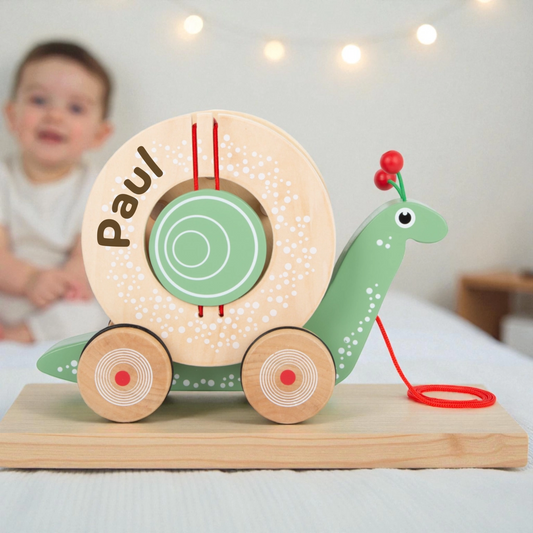 SMALL FOOT Nachzieh - Stecktier Schnecke Grün Holz personalisiert