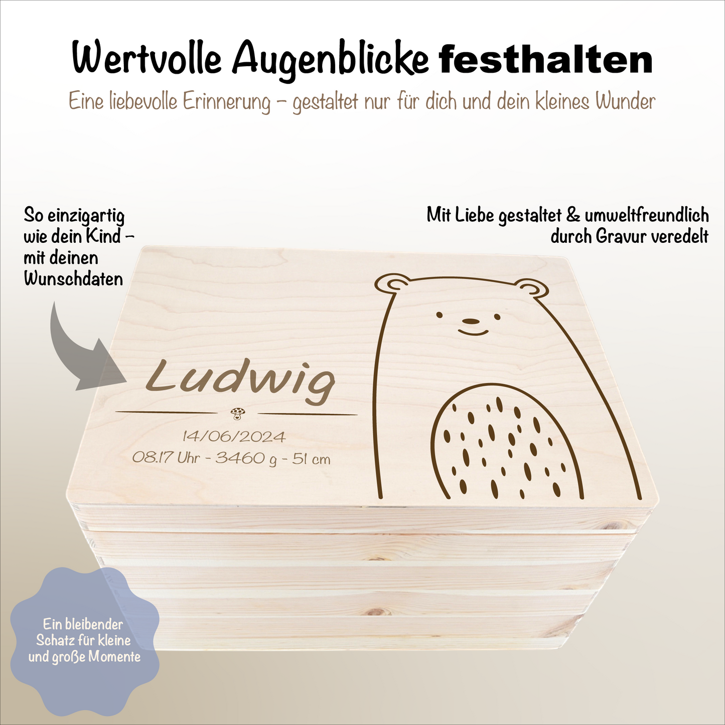 Erinnerungsbox Holz personalisiert Bär