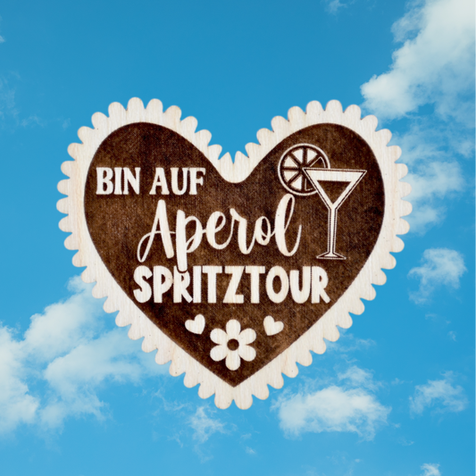 Trachten-Pin Herz "Bin auf Aperol Spritztour" Holz-Ahorn