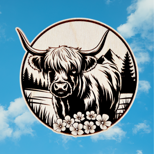 Trachten-Pin "Stier mit Blumen" Holz-Ahorn