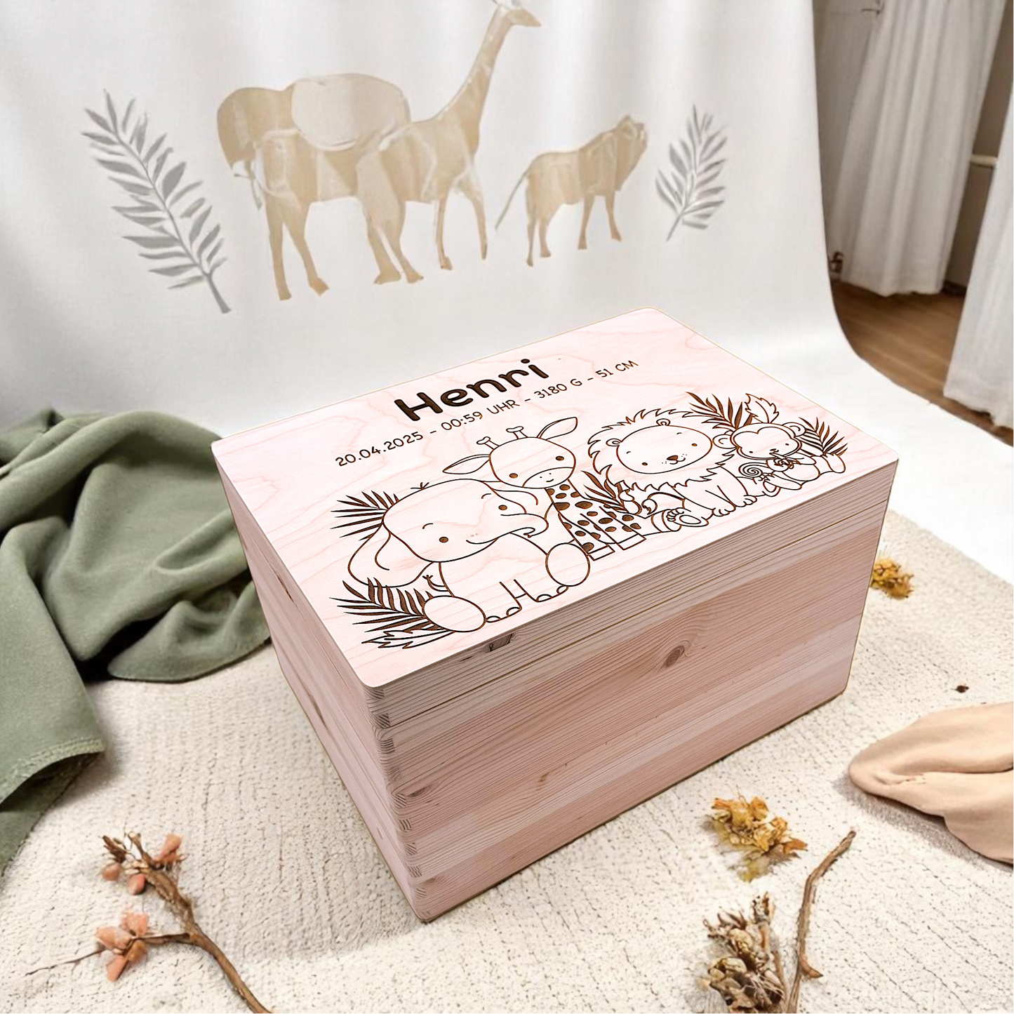 Erinnerungsbox Holz personalisiert Tiere Safari
